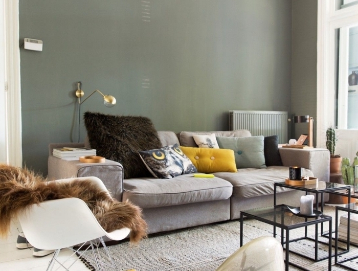 décoration salon cosy peinture mur kaki vert foncé tapis franges beige table métal plateaux