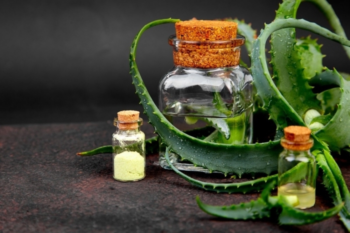 huile aloe vera en bouteille thérapie spa maison produits naturels contenant en verre couvercle