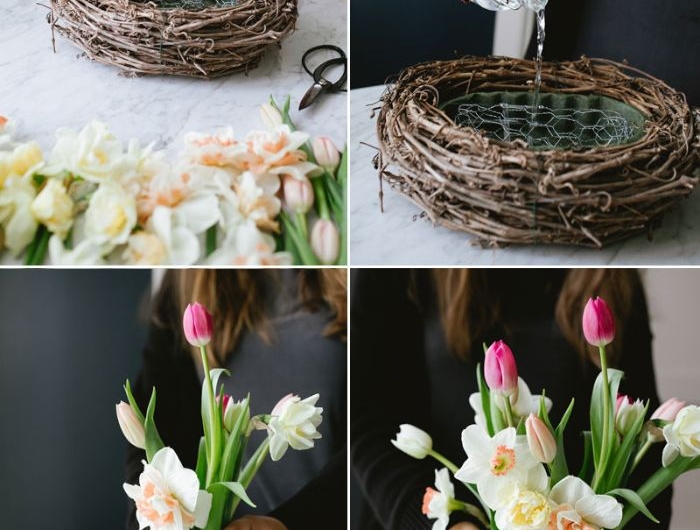 idée de centre de table floral en fleurs de printemps dans nid en branches tresssées exemple activité manuelle printemps