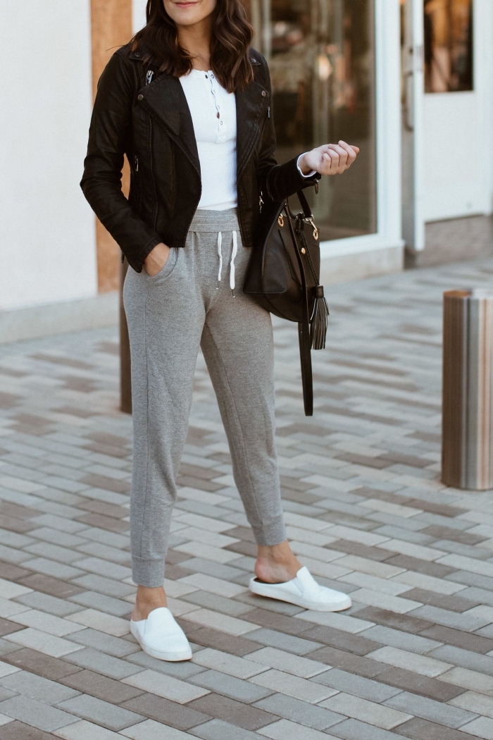image swag idée tenue streetweat pantalon gris taille haute top blanc veste noir chassures plates