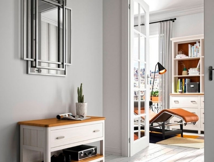 meuble bois et blanc rangement couloir idée déco entrée maison peinture gris clair accents métal