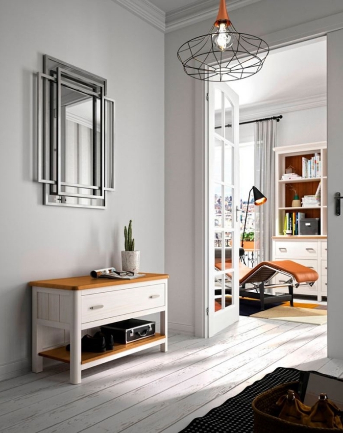 meuble bois et blanc rangement couloir idée déco entrée maison peinture gris clair accents métal