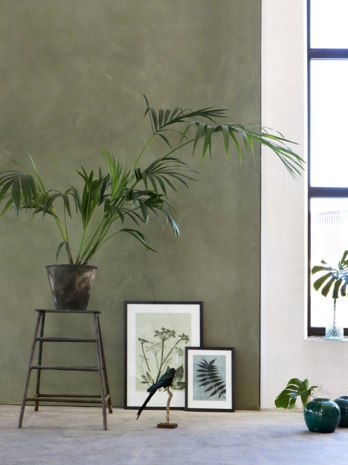 mur kaki peinture à effet plante verte vase turquoise art peinture cadre noir déco salon vert