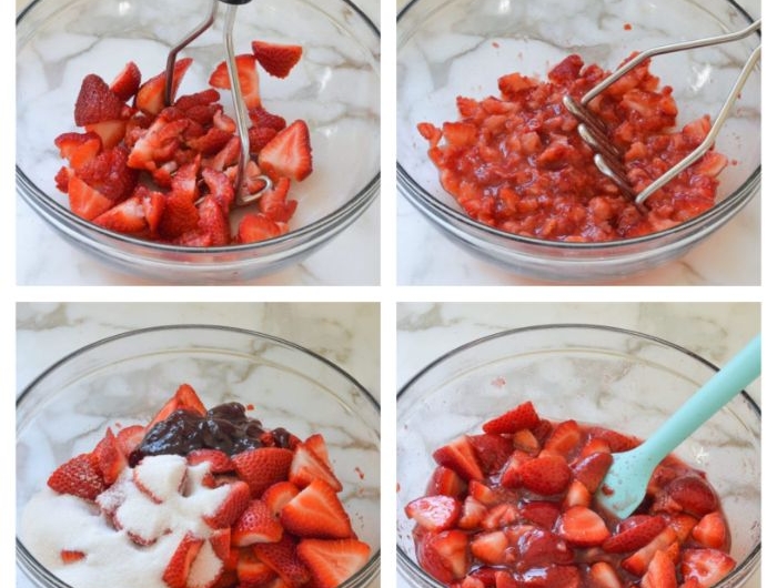 mélange de fraises fraiches avec de la confiture de fraises sucre réduit en purée exemple gâteau à la fraise maison