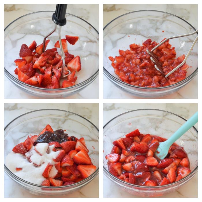 mélange de fraises fraiches avec de la confiture de fraises sucre réduit en purée exemple gâteau à la fraise maison