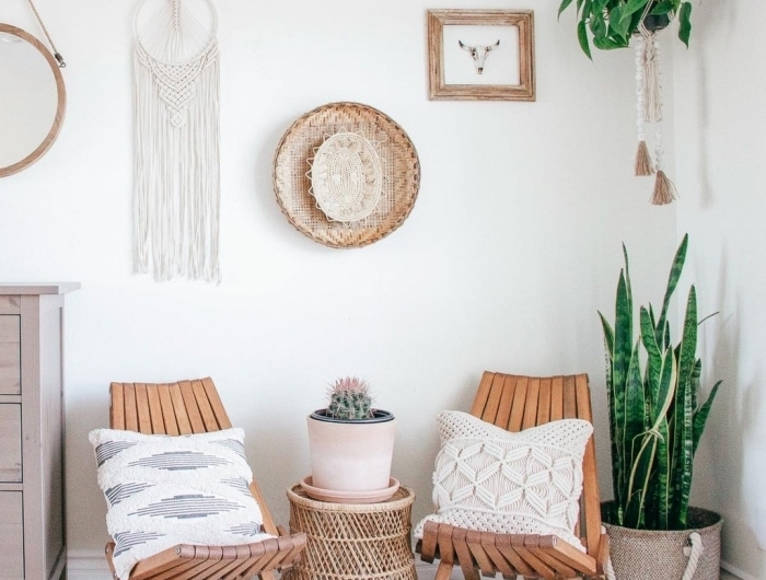 plantes vertes d intérieur style boho moderne pannier tressé déco mur attrape reve fait main corde blanche