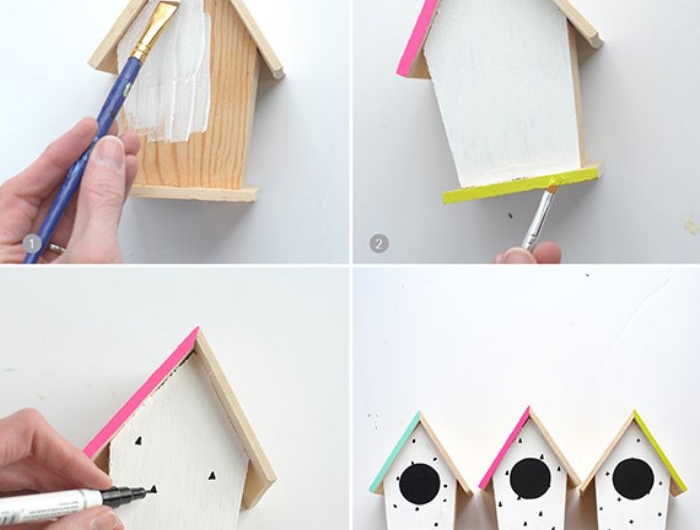 repeindre une cabane oiseau de peinture blanche et customiser de motif triangle idée déco printemps originale pour la maison nichoir oiseau diy