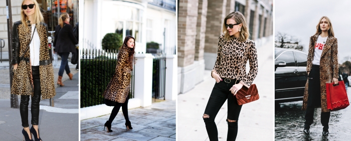 tendance mode femme pantalon slim noir chemise léopard manteau long motif animaliers