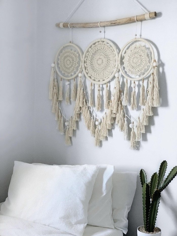 tete de lit macramé style bohème chic décoration chambre boho moderne cactus pot fleur blanc