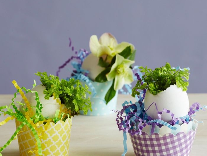 vase fabriqué dans une coquille d oeuf avec petit bouquet de fleurs dans un petit panier de papier rempli de confettis de papier colorés