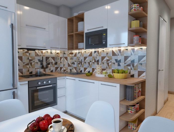 amenagement petite cuisine 4 m2 carrelage credence colorée meuble haut et bas blanc parquet bois clair