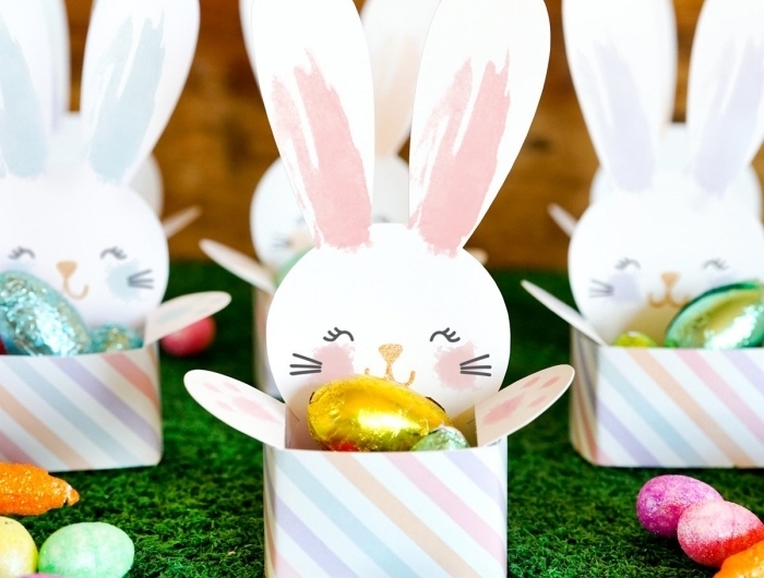 bricolage paque maternelle mini boîte oeufs au chocolat forme lapin papier cartonné peinture acrylique