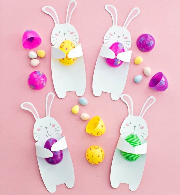 bricolage paques primaire diy mini lapin en papier oeuf plastique bonbon chocolat activité enfants