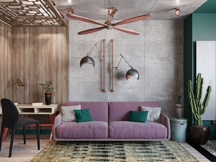 canapé violet coussin vert déco style industriel chic cactus intérieur boho moderne ventilateur plafond rose gold