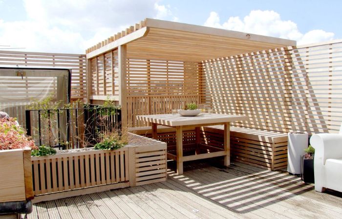 comment aménager sa terrasse extérieure avec bancs et tablee et pergola bois revetement terrasse bois