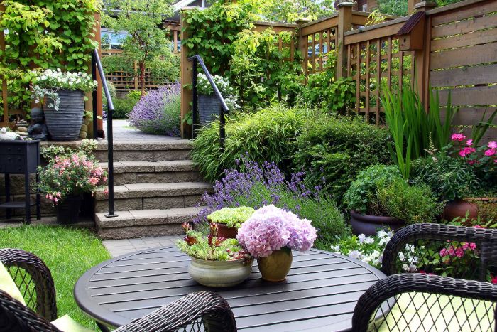 comment aménager un petit jardin de 20 m2 avec parterre de fleurs plantes vertes grimpantes gazon salon de jardin en table et chaises