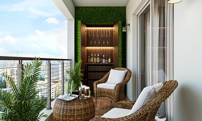 comment faire un mur végétal style moderne bar terrasse revêtement sol effet bois meubles rotin table basse