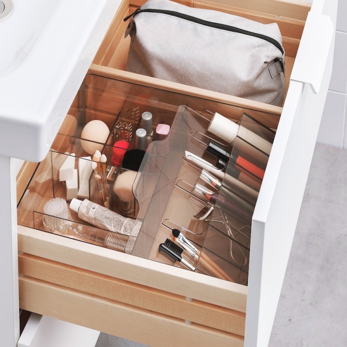 compartimens rangement tiroirs organisation produits accessoires salle de bain meuble rangement blanc et bois organisateur tiroir salle de bain