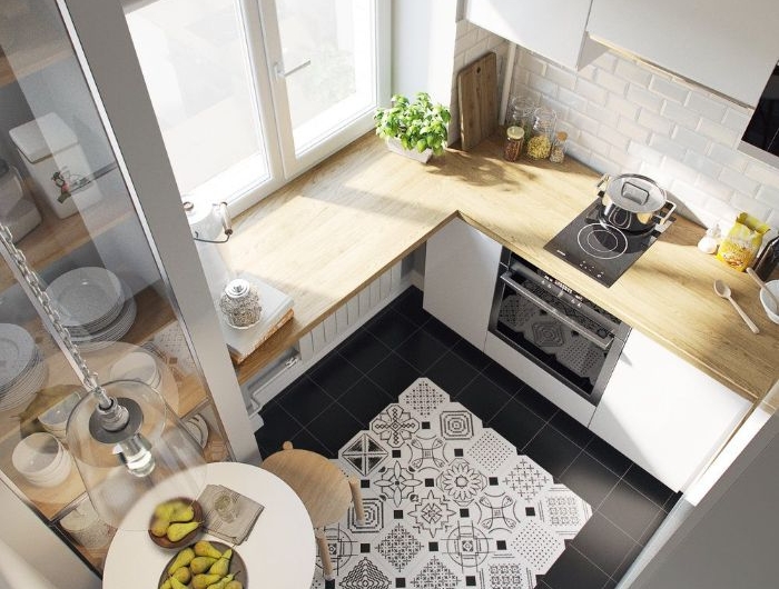 cuisine en u petite surface avec meuble blanc et plan de travail bois blond carrelage sol noir meuble deco style scandinave