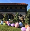 deco paques a faire soi même des oeufs décoratives enormes a coté des grandes arbustes en forme de lapin devant une maison