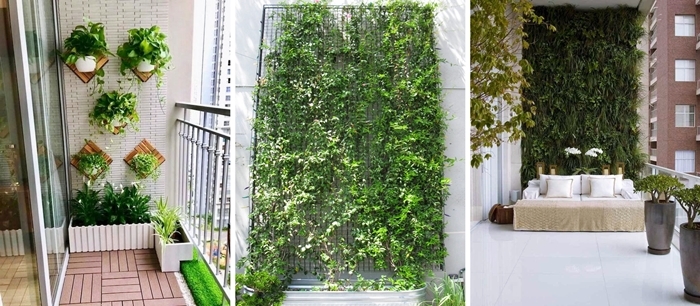decoration petit balcon avec jardin vertical mur plantes sur grillage pots fleurs blancs support bois jardiniere blanche trrasse carrelage