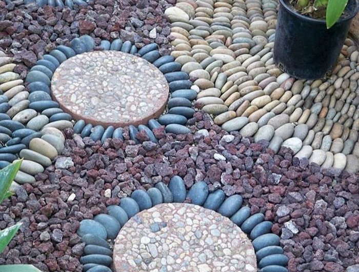 des galets rangés en formes exemple d idée deco jardin gravier avec des plantes en pots