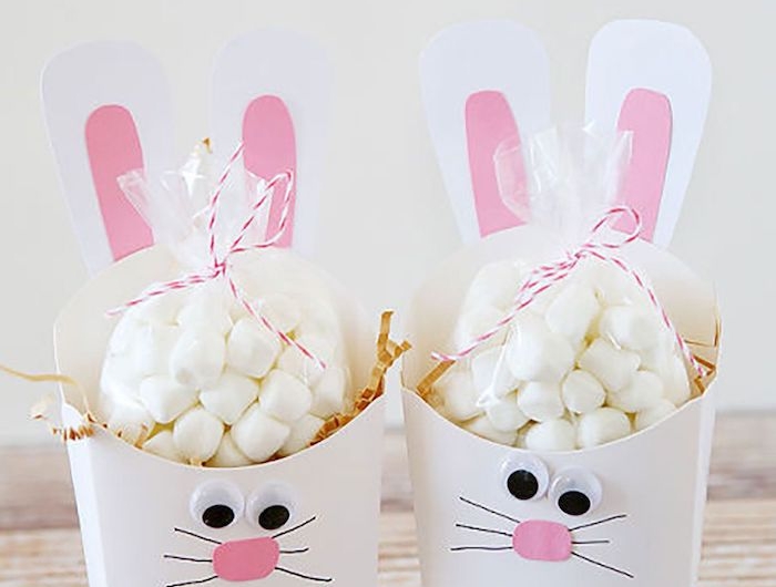deux boites en forme de lapins remplis de bonbons activité paques maternelle