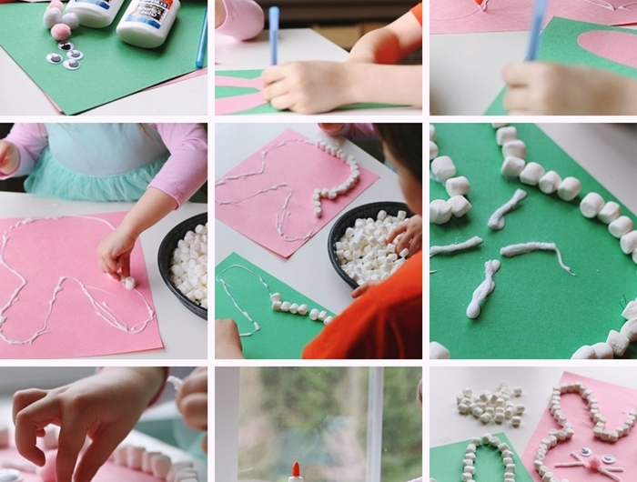 diy carte de paques a fabriquer avec guimauves mini colle blanche papier scrapbooking tutoriel facile bricolage enfant