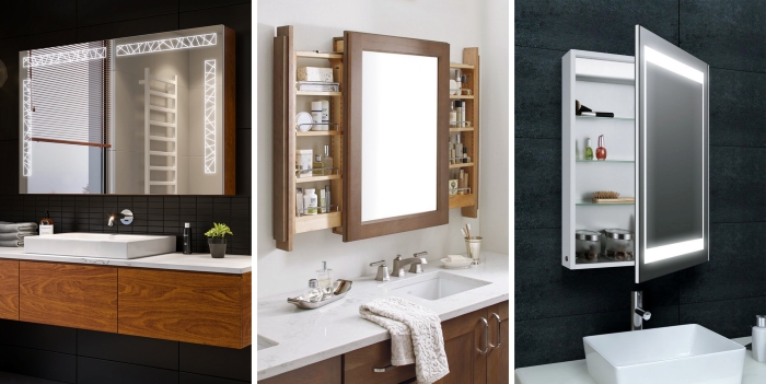 décoration salle de bain carrelage noir mat armoires sous lavabo bois miroir avec rangement