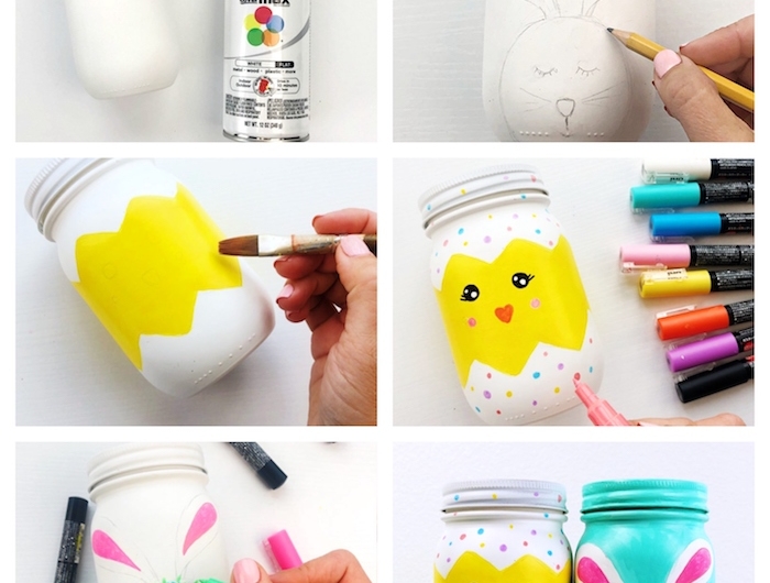 exemple bricolage paques facile a faire dans pots en verre peints à motif paques lapin et poussin creation originale