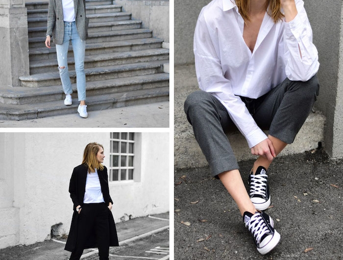 exemples d une tenue chic femme qui incluent des jean pantalon et blouses blanches