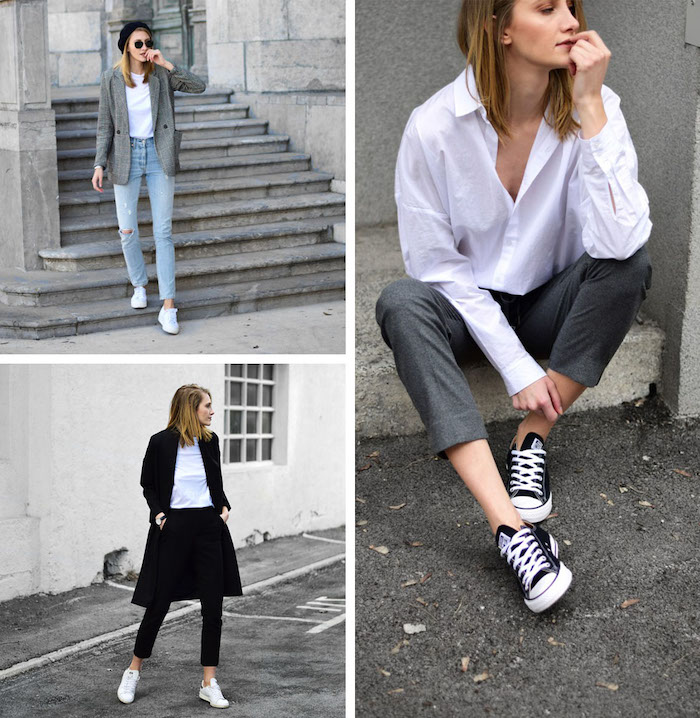 exemples d une tenue chic femme qui incluent des jean pantalon et blouses blanches