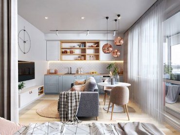 facade meuble cuisine bleu ciel meuble haut blanc parquet bois clair suspensions cuivre ouverture sur salon coin repas