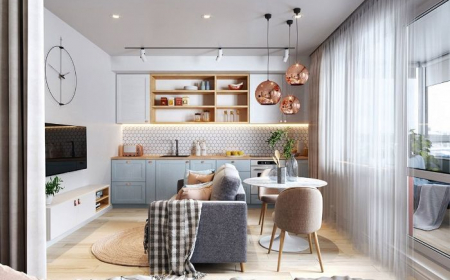 facade meuble cuisine bleu ciel meuble haut blanc parquet bois clair suspensions cuivre ouverture sur salon coin repas