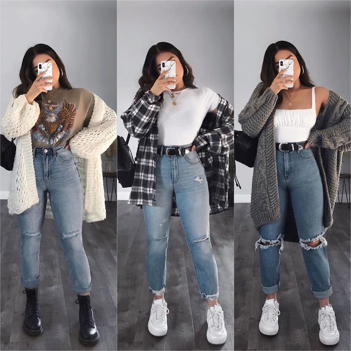 idée d un look style américaine pour femme avec des vestes différentes chemisier a carreaux et gillets tricotés