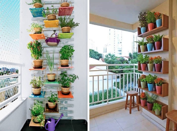 idee decoration de petit balcon avec mur de plantes fleuries grillage pots accroches au mur