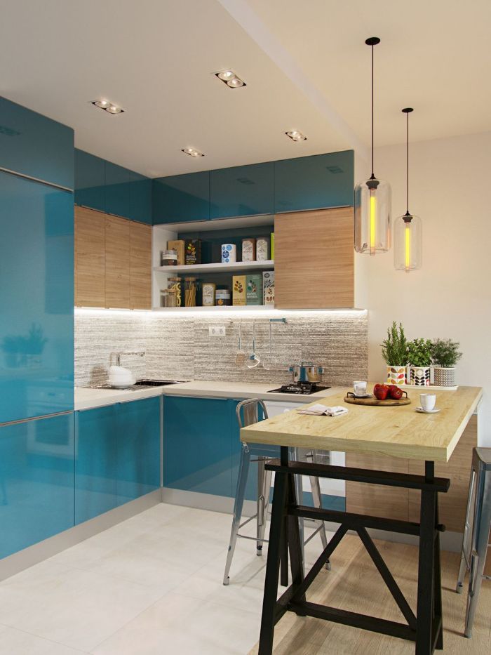 idée kitchenette pour studio 20 m2 de couleur bleue credence bois ilot central table bois et métal suspensions originales