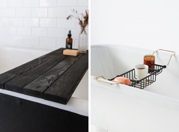 idée rangement baignoire pont plateau bois noir peinture diy rangement produits salle de bain