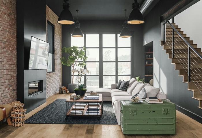 meuble style industriel coffre peinture verte table basse métal et bois cheminée moderne noire