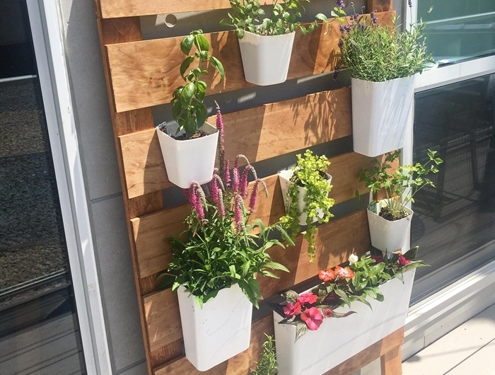 mur végétal palette construction facile planches bois accroches pots blancs plantes fleuries design balcon