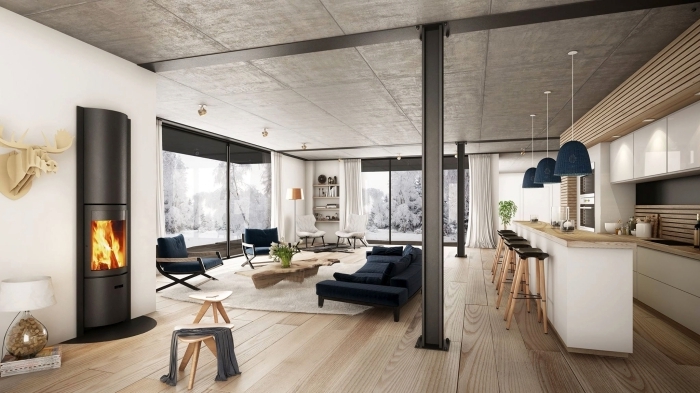 plafond béton parquet bois salon style industriel moderne cheminée noire tabouret bois et blanc