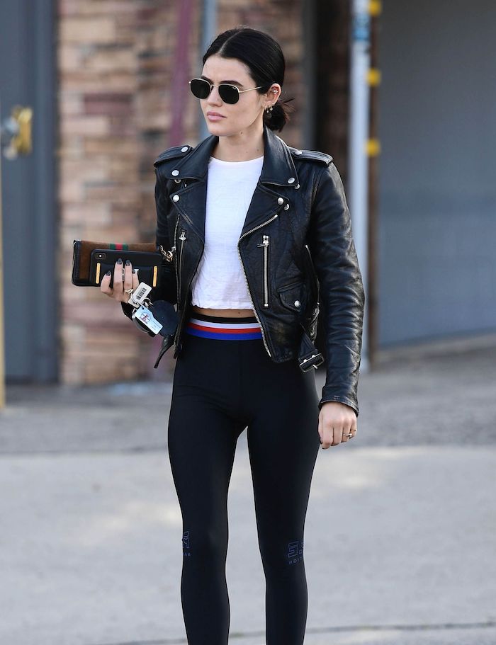 American style for women with leggings and leather jacket