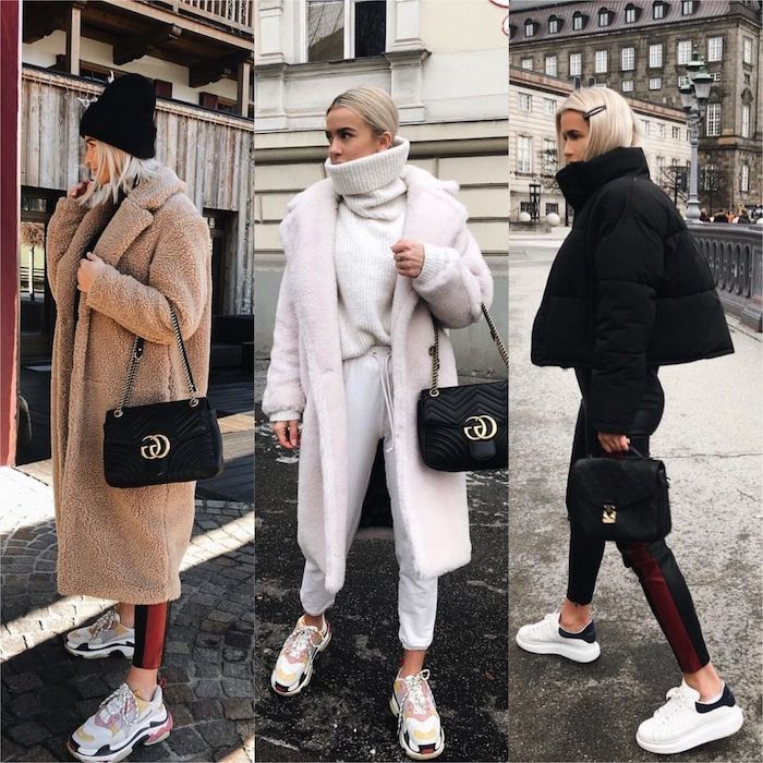 trois variations du style américain pour femme pendant hiver des baskets modernes et manteaux surdimensionnés style américain pour femme