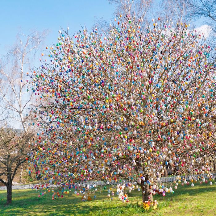 un arbre dans le jardin surchargé des oeufs décoratifs de paques idée allemende de décoration paques enfant