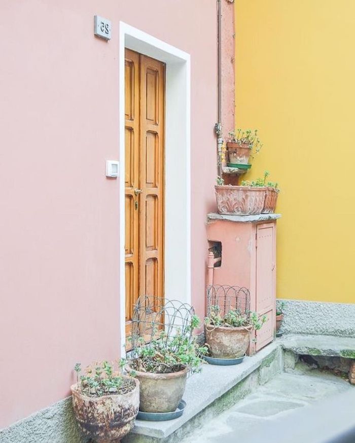 une porte d entrée en bois relief avec des pots a fleurs devant et une facade couleur rose pastel