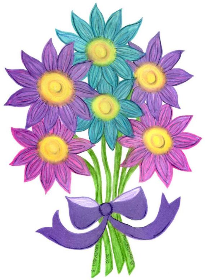 art floral aux crayons bouquet noué d un ruban autour des tiges couleurs gamme des violets et les bleus