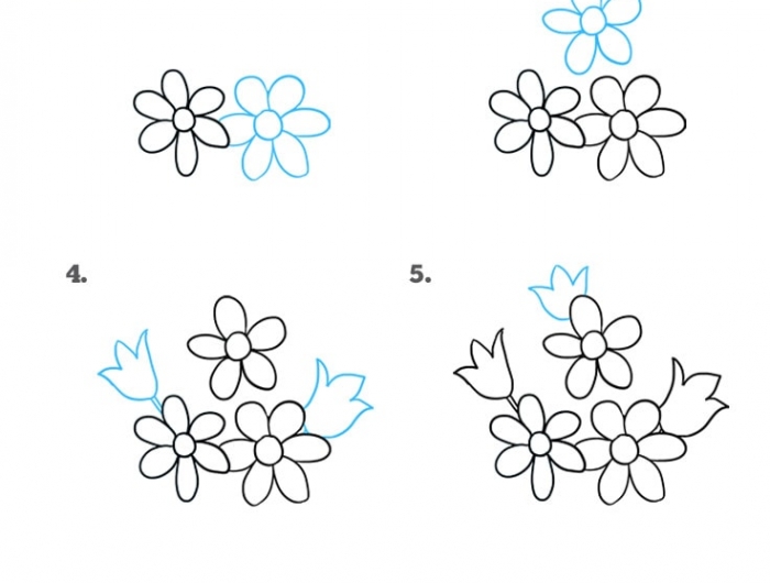 bouquet de fleurs dessin étape par étape avec des pétales forme simple et noeud à la base des tiges