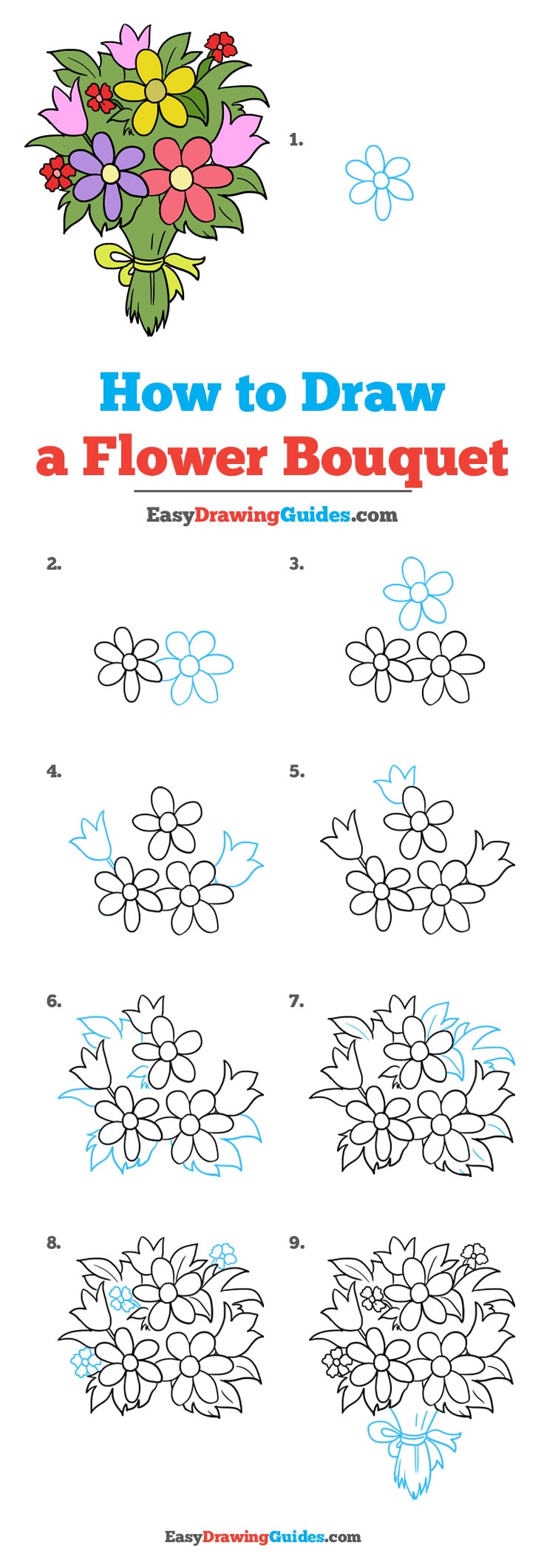 bouquet de fleurs dessin étape par étape avec des pétales forme simple et noeud à la base des tiges