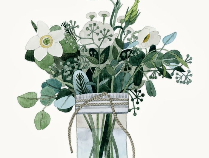 boutons blancs aux feuillages vertes image champetre de bouquet dans pot en verre