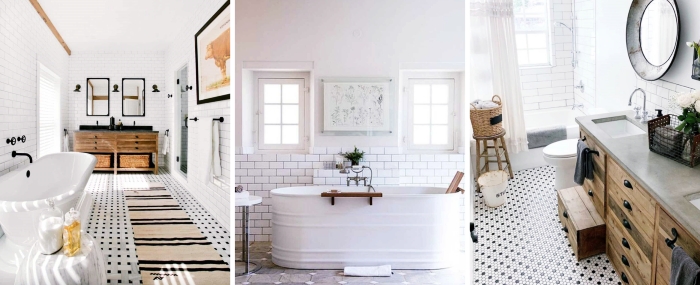 carrelage salle de bain moderne avec accents retro chic baignoire meubles bois panier tressé rangement